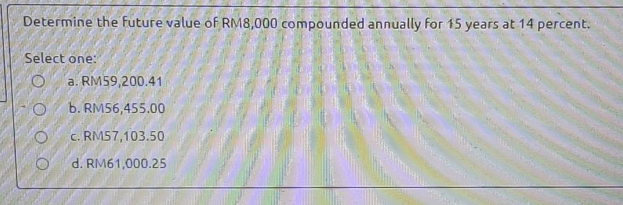  Determine the future value of RM8,000 compounded annually for 15 years