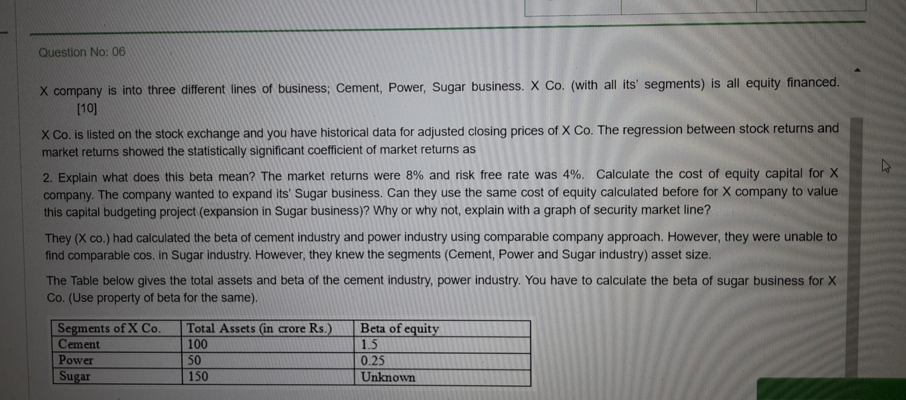  Question No: 06 X company is into three different lines of