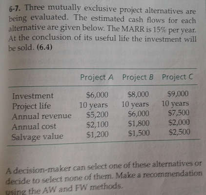 6-7. Three mutually exclusive project alternatives are being evaluated. The estimated