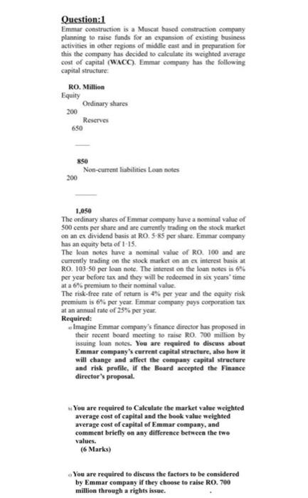 question ( a ) Question: 1 Emmar construction is a Muscat based