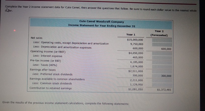 Complete the Year 2 income dlda statement data for Cute Camel,