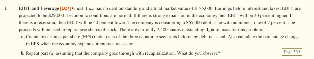  1 EBIT and Leverage [LO1] Ghost, Inc., has no debt outstanding