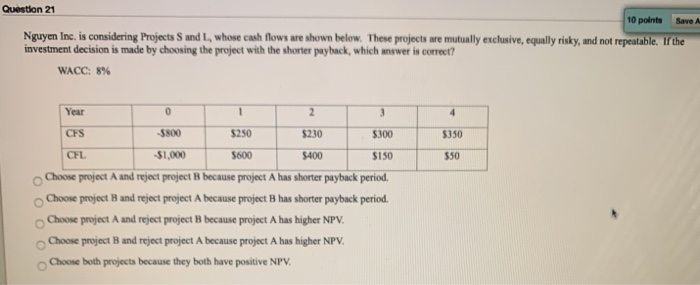  Question 21 10 points Save Nguyen Inc. is considering Projects S