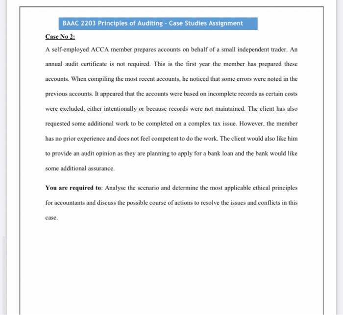  BAAC 2203 Principles of Auditing - Case Studies Assignment Case No