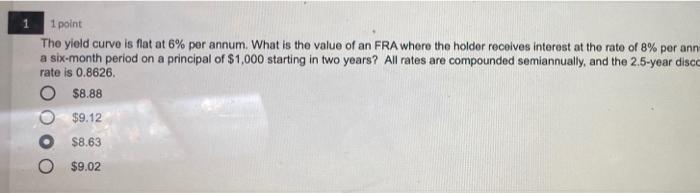  1 point The yield curvo is flat at 6% per annum.