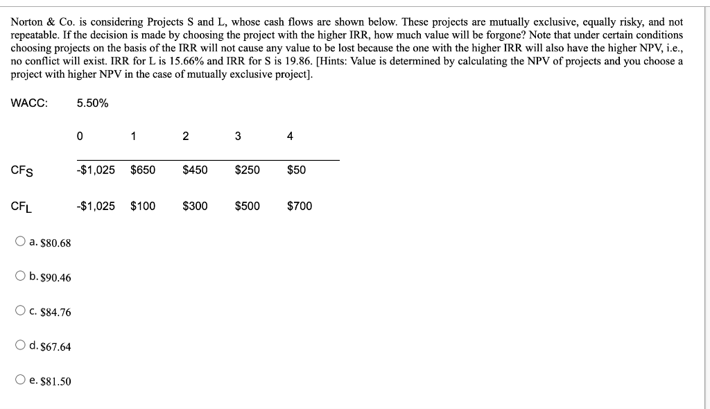  Norton & Co. is considering Projects S and L, whose cash