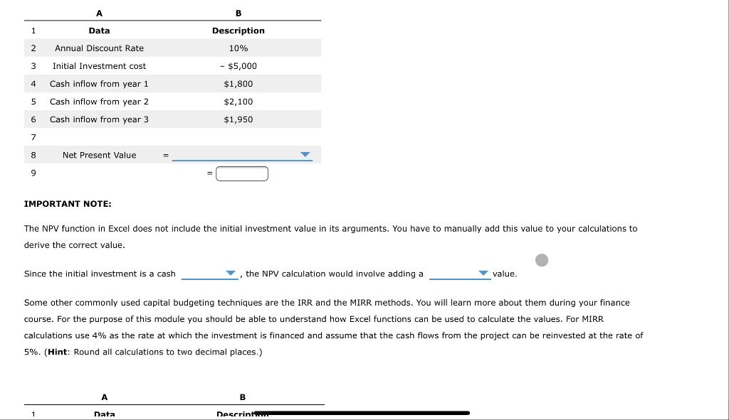  B 1 Data Description 10% 2 Annual Discount Rate 3 Initial