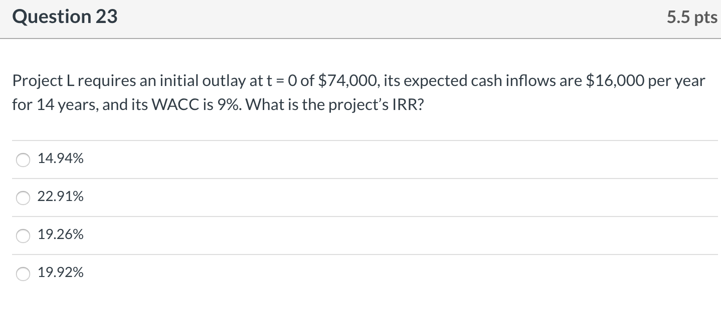  Question 23 5.5 pts Project Lrequires an initial outlay at t