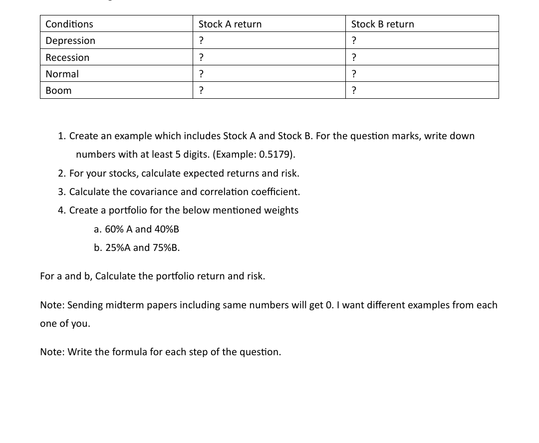  1. Create an example which includes Stock A and Stock B.
