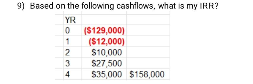  please find the answer 9) Based on the following cashflows, what