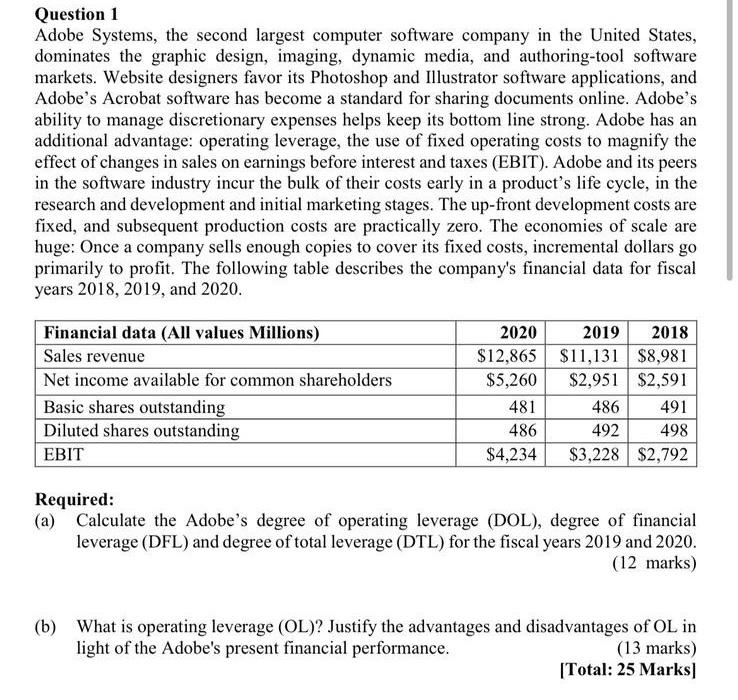  Question 1 Adobe Systems, the second largest computer software company in