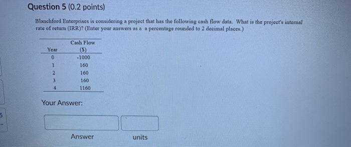  Question 5 (0.2 points) Blanchford Enterprises is considering a project that