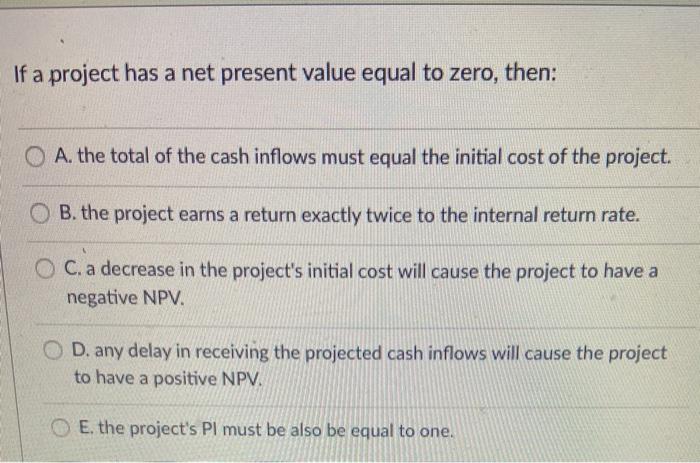  If a project has a net present value equal to zero,