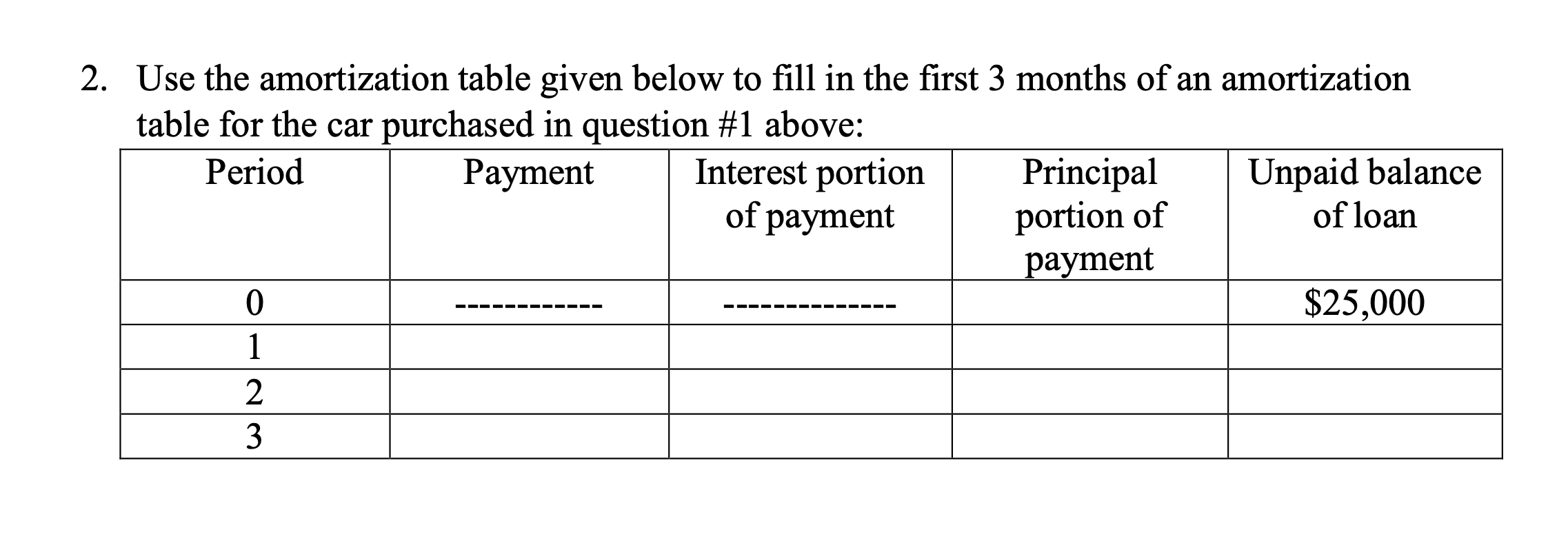  2. Use the amortization table given below to fill in the