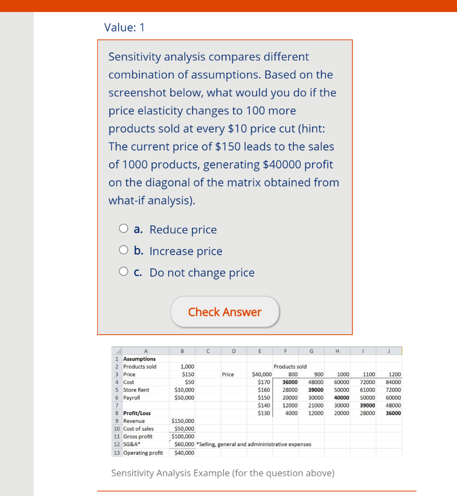  Value: 1 Sensitivity analysis compares different combination of assumptions. Based on