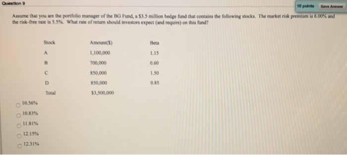  Question 10 points Save Answer Assume that you are the portfolio