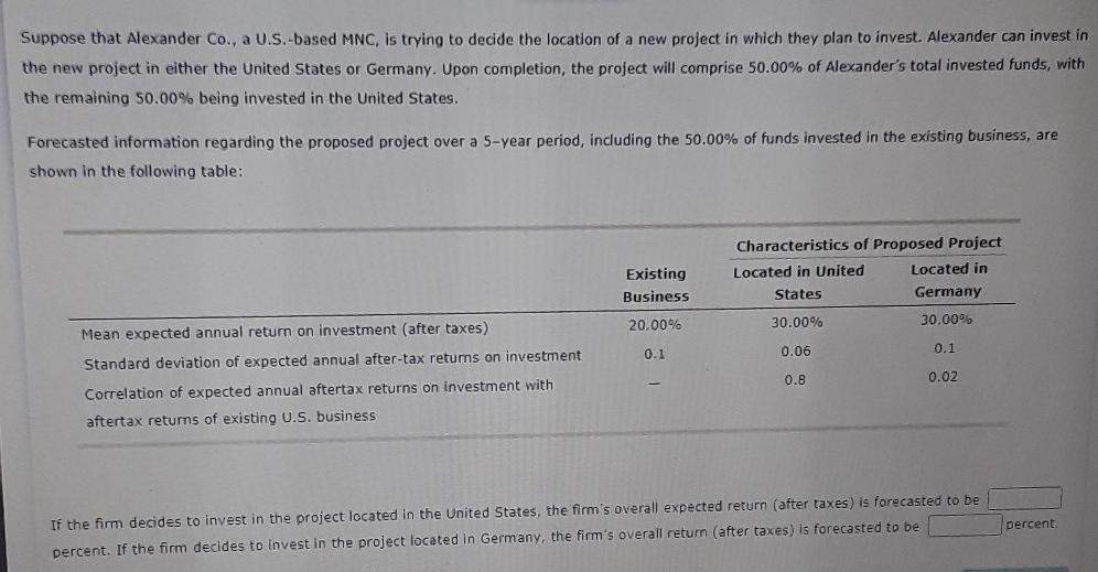 Suppose that Alexander Co., a U.S.-based MNC, is trying to decide