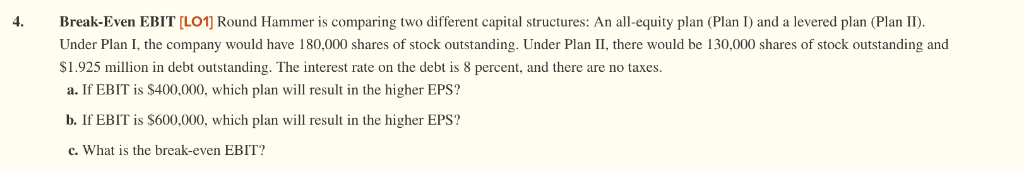  Break-Even EBIT [LO1] Round Hammer is comparing two different capital structures: