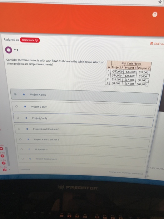 3 DUE:a Assigned as Consider the three projects with cash flows
