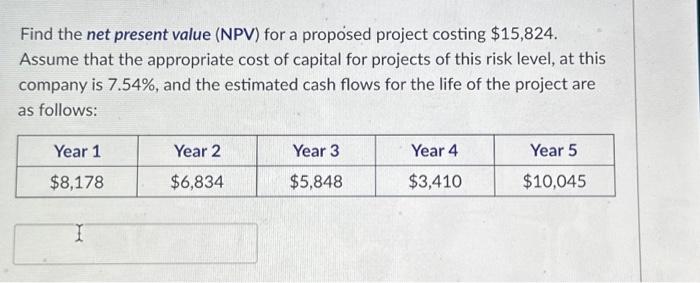  Find the net present value (NPV) for a proposed project costing