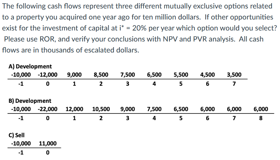  The following cash flows represent three different mutually exclusive options related