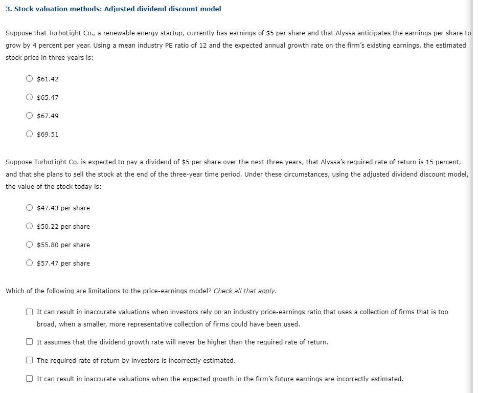 3. Stock valuation methods: Adjusted dividend discount model Suppose that TurboLight