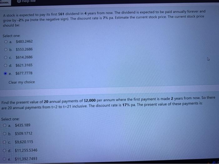  SCHOOL Help Me A stock is expected to pay its first