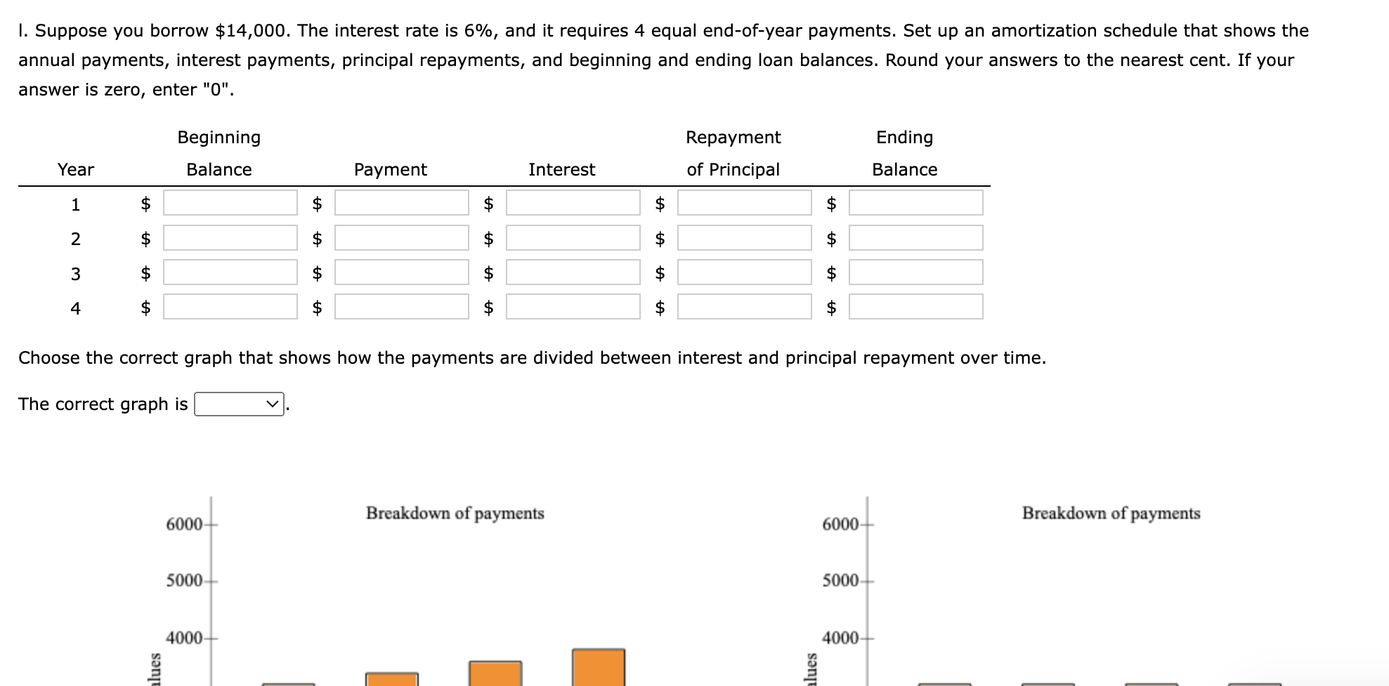after 0,1,2,3,4, and 5 years? Round your answers to the nearest cent.