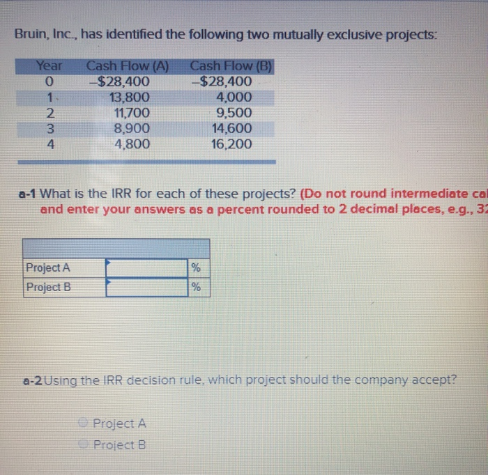  Bruin, Inc., has identified the following two mutually exclusive projects: Year