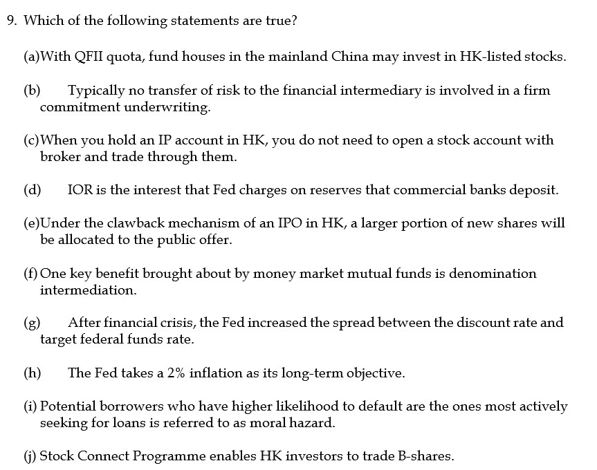 Please type true or false for part a to j. Thank you