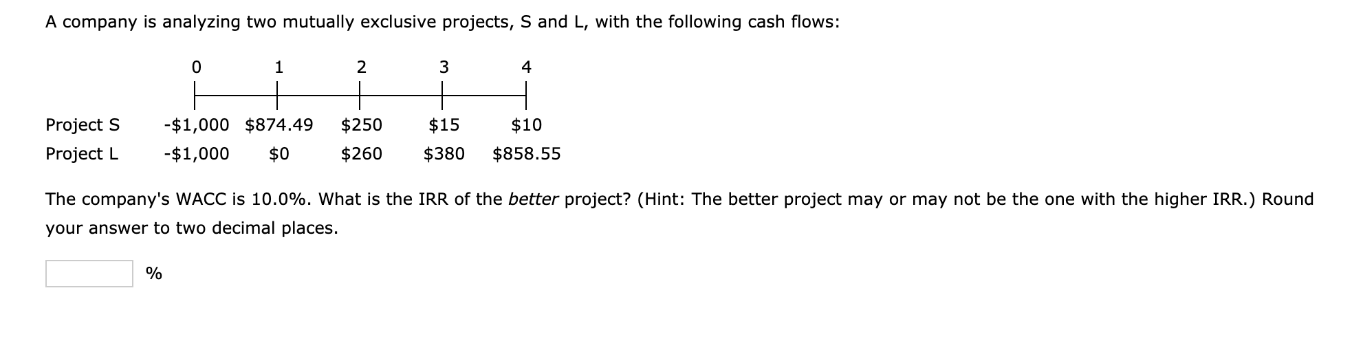 A company is analyzing two mutually exclusive projects, S and L, with