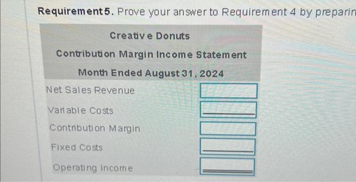 margin.) Requirement 4. Compute the degree of operating leverage for Creative Donuts.