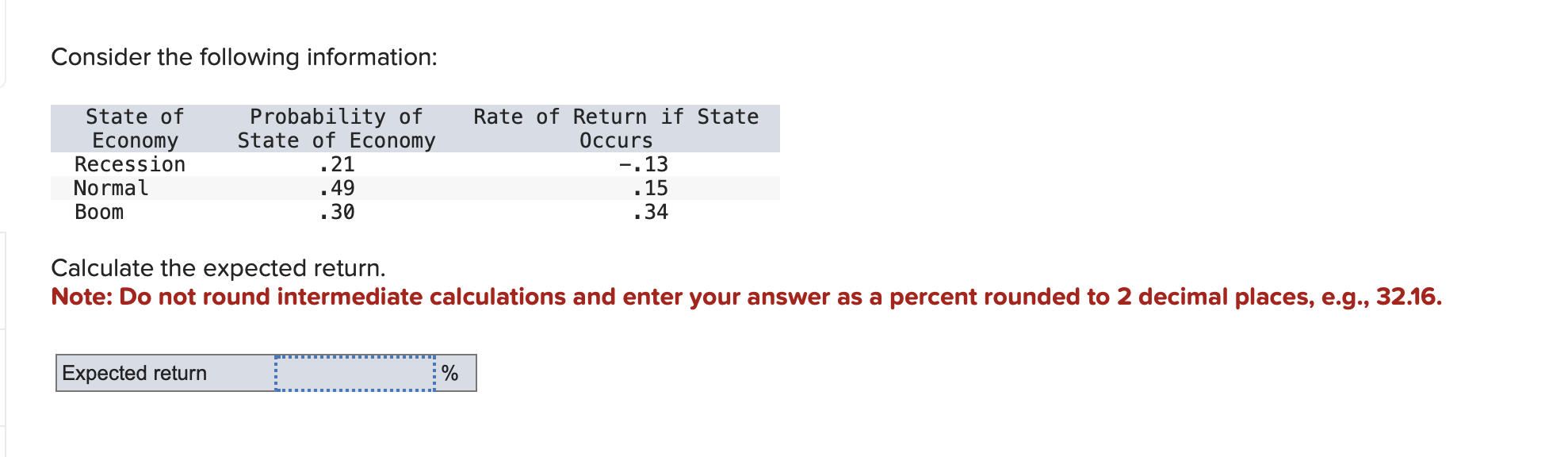  Consider the following information: Calculate the expected return. Note: Do not