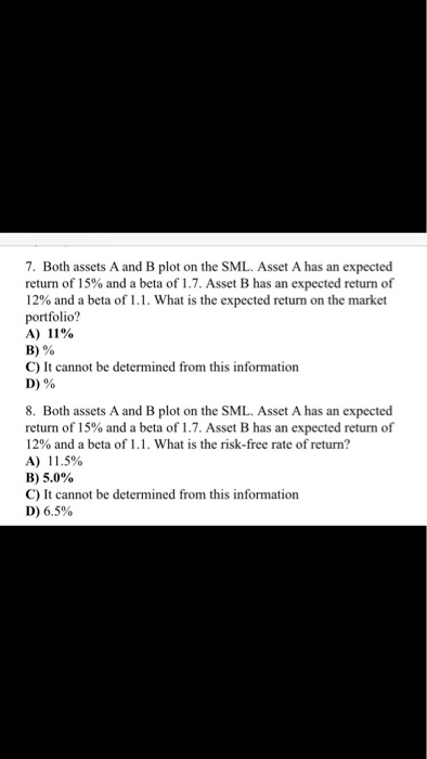  7. Both assets A and B plot on the SML. Asset