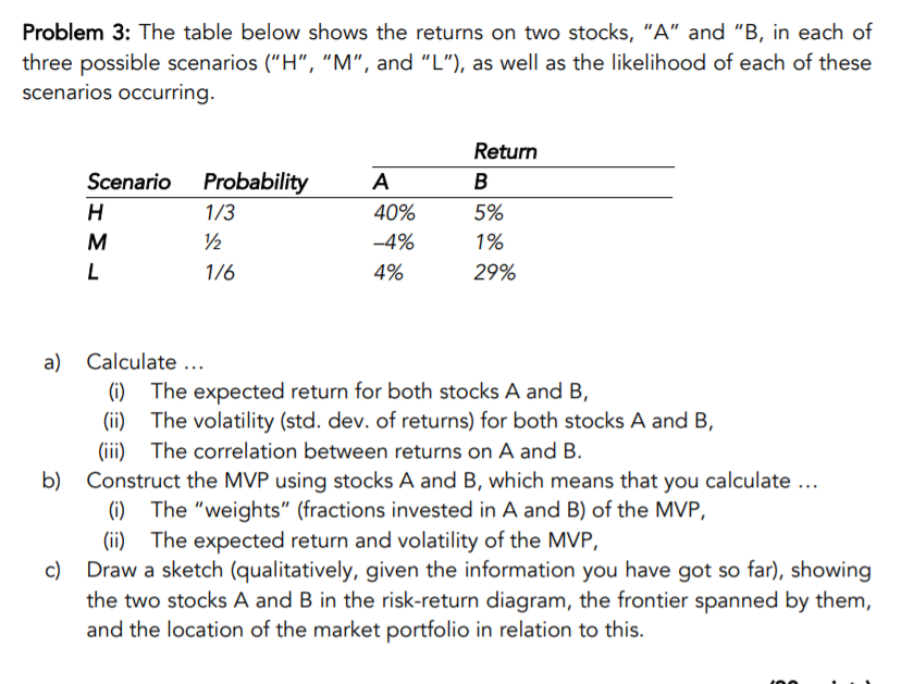 need some assitance Problem 3: The table below shows the returns on