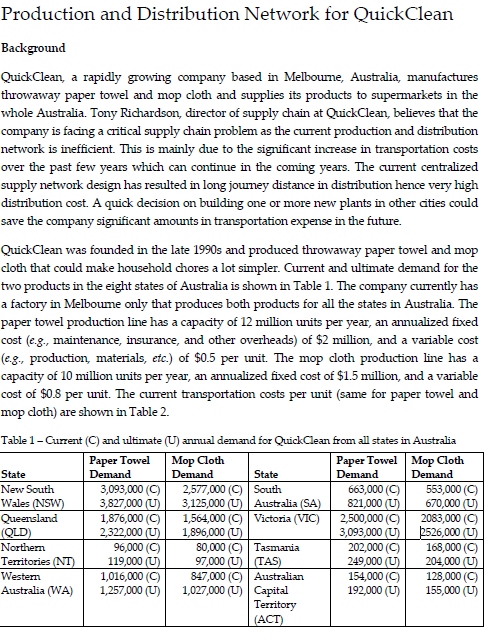  Production and Distribution Network for QuickClean Background QuickClean, a rapidly growing