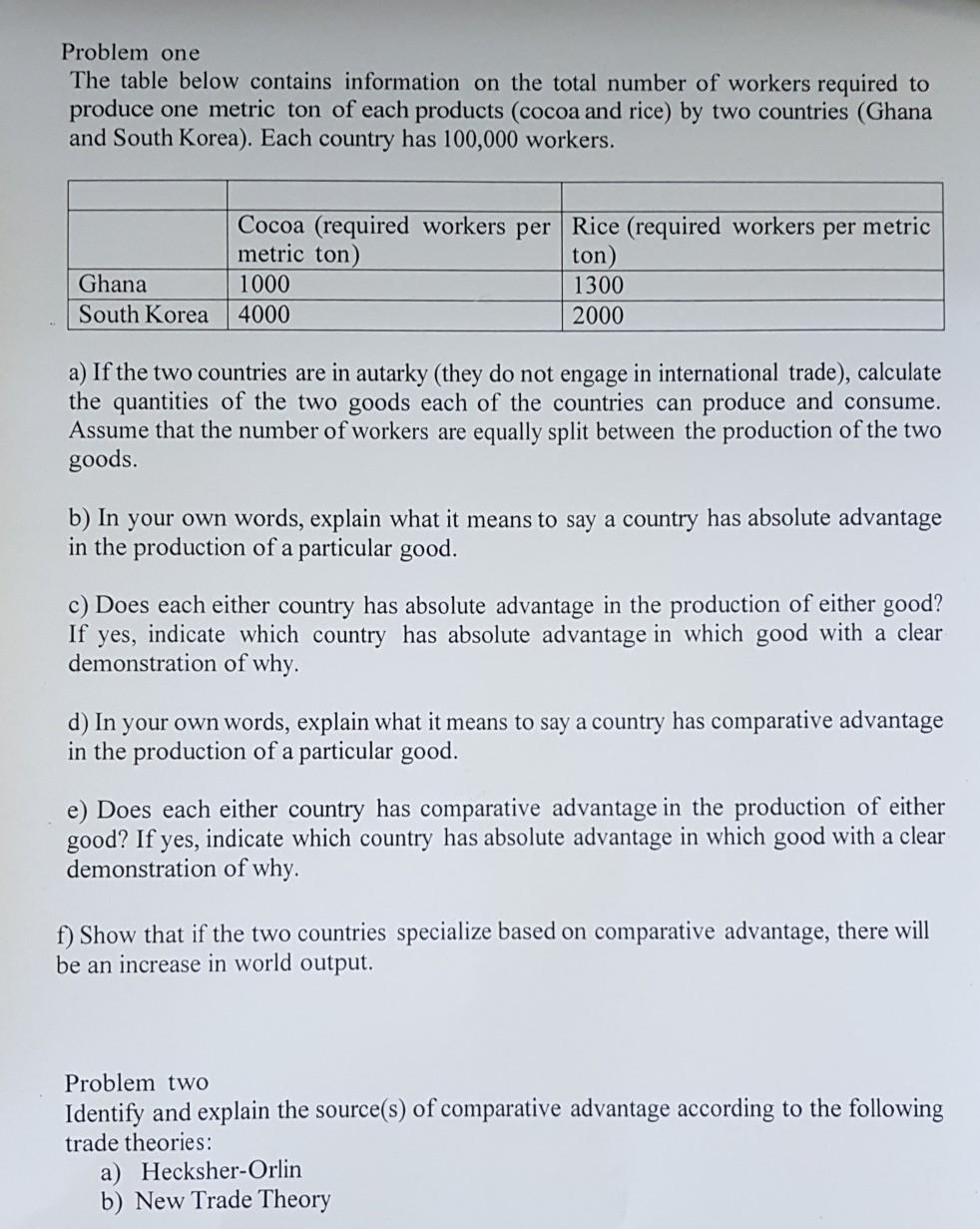 Problem one The table below contains information on the total number
