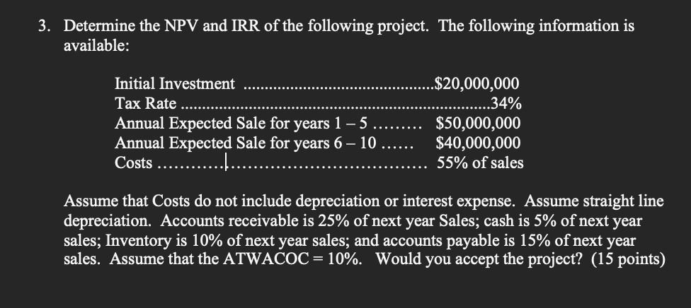 Answer in excel with formulas 3. Determine the NPV and IRR of