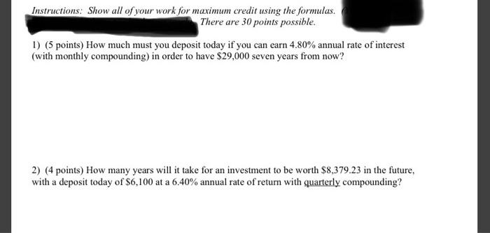please make sure to show all work using formulas thankyou Instructions: Show