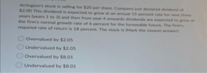 I need help with this question in 10 min please Arrington's stock