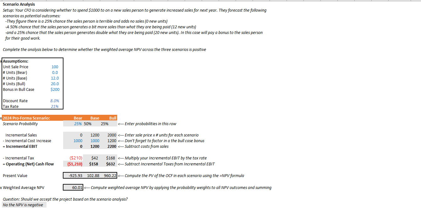  Scenario Analysis Setup: Your CFO is considering whether to spend $1000