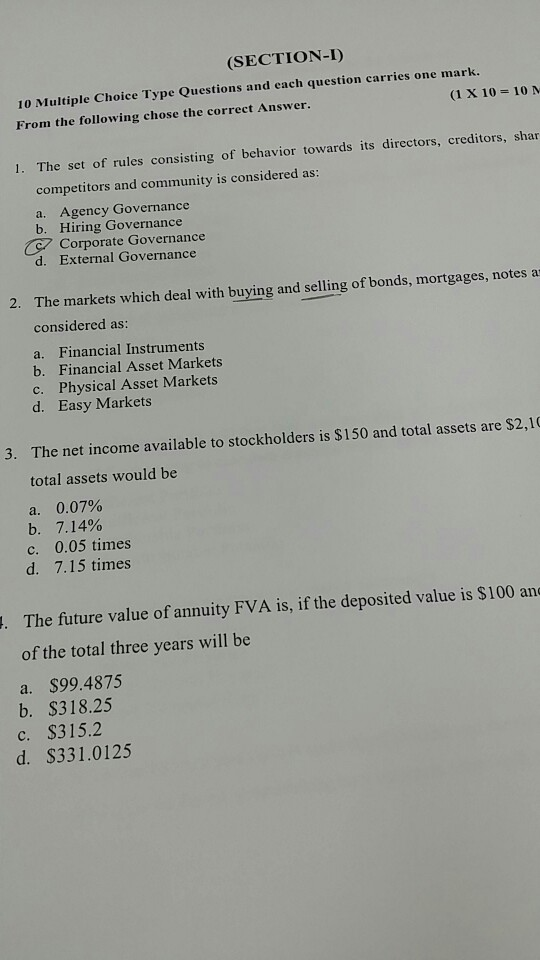 (SECTION-I) 10 Multiple Choice Type Questions and each question carries one