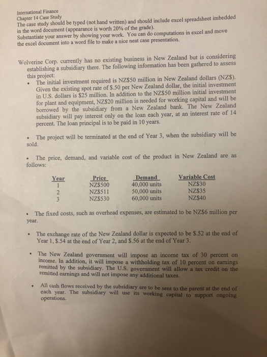  International Finance Chapter 14 Case Study The case study should be