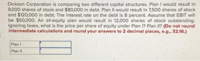 Dickson Corporation is comparing two different capital structures. Plan I would