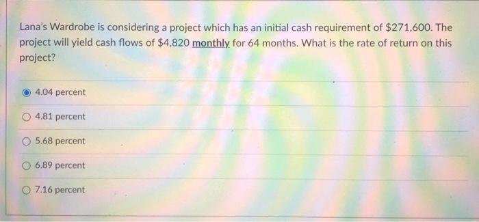  Lana's Wardrobe is considering a project which has an initial cash