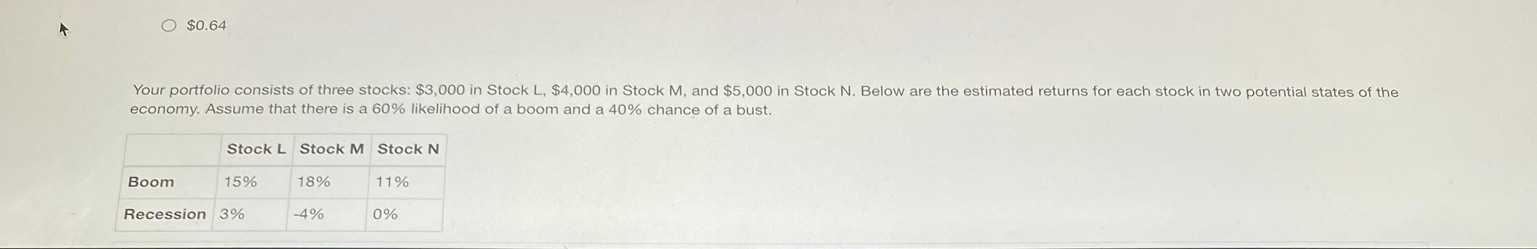 - Expected Return Stock L: - Expected Return Stock M: - Expected