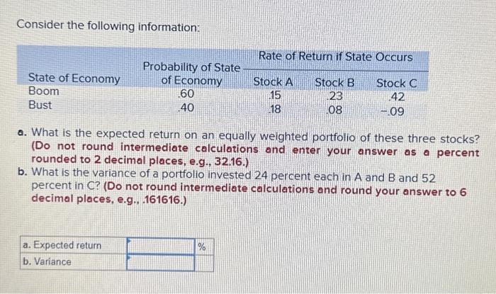 Please help Consider the following information: a. What is the expected return