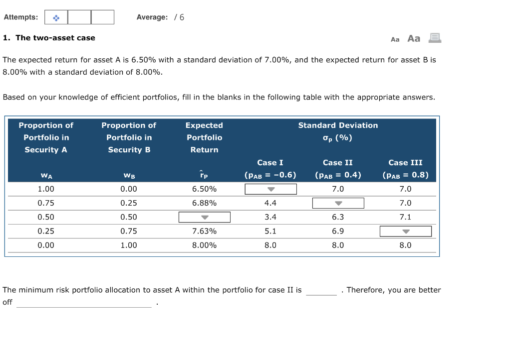 Attempts: Average: 76 1. The two-asset case Aa The expected return