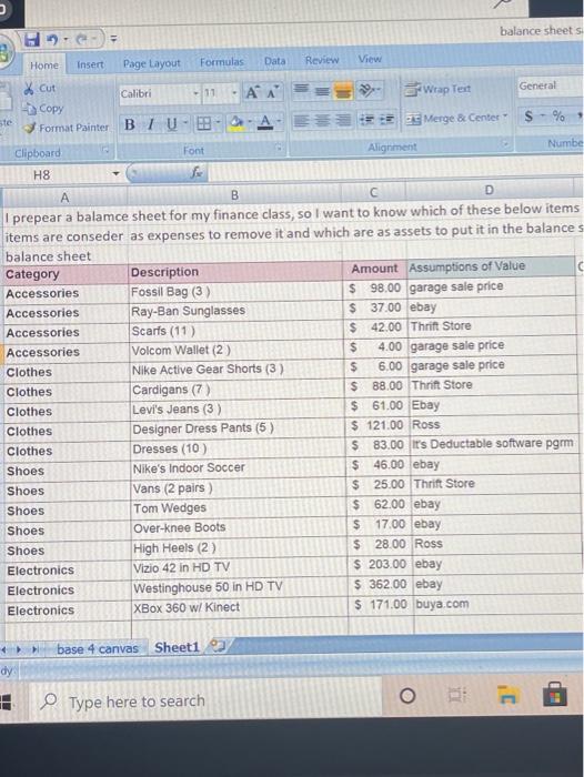  balance sheets Home Insert Page Layout Formulas Data Review View x