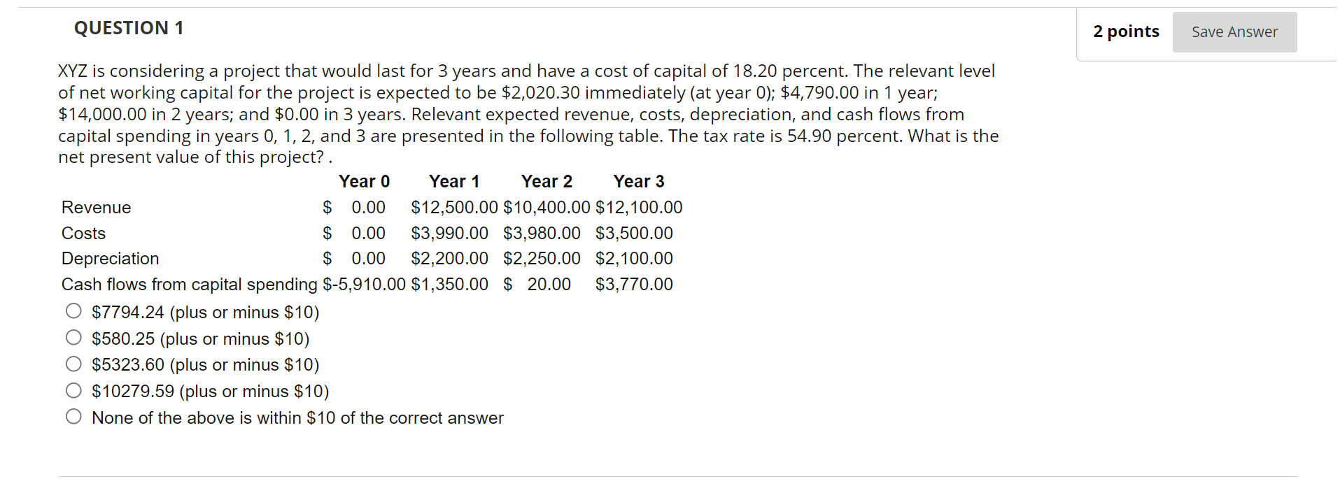  QUESTION 1 2 points Save Answer XYZ is considering a project